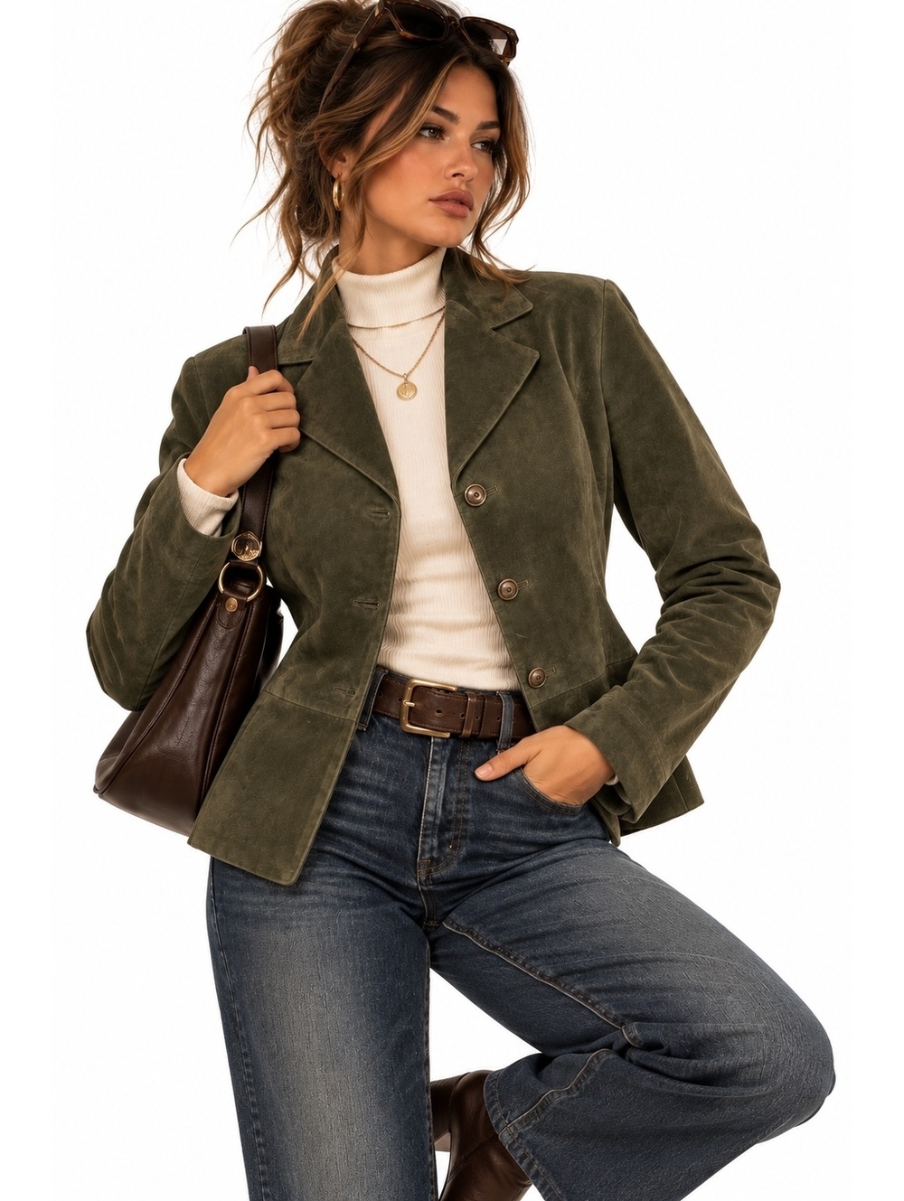 Chico’s Olive Green 100% Leather Suede Blazer Jacket Size 1
